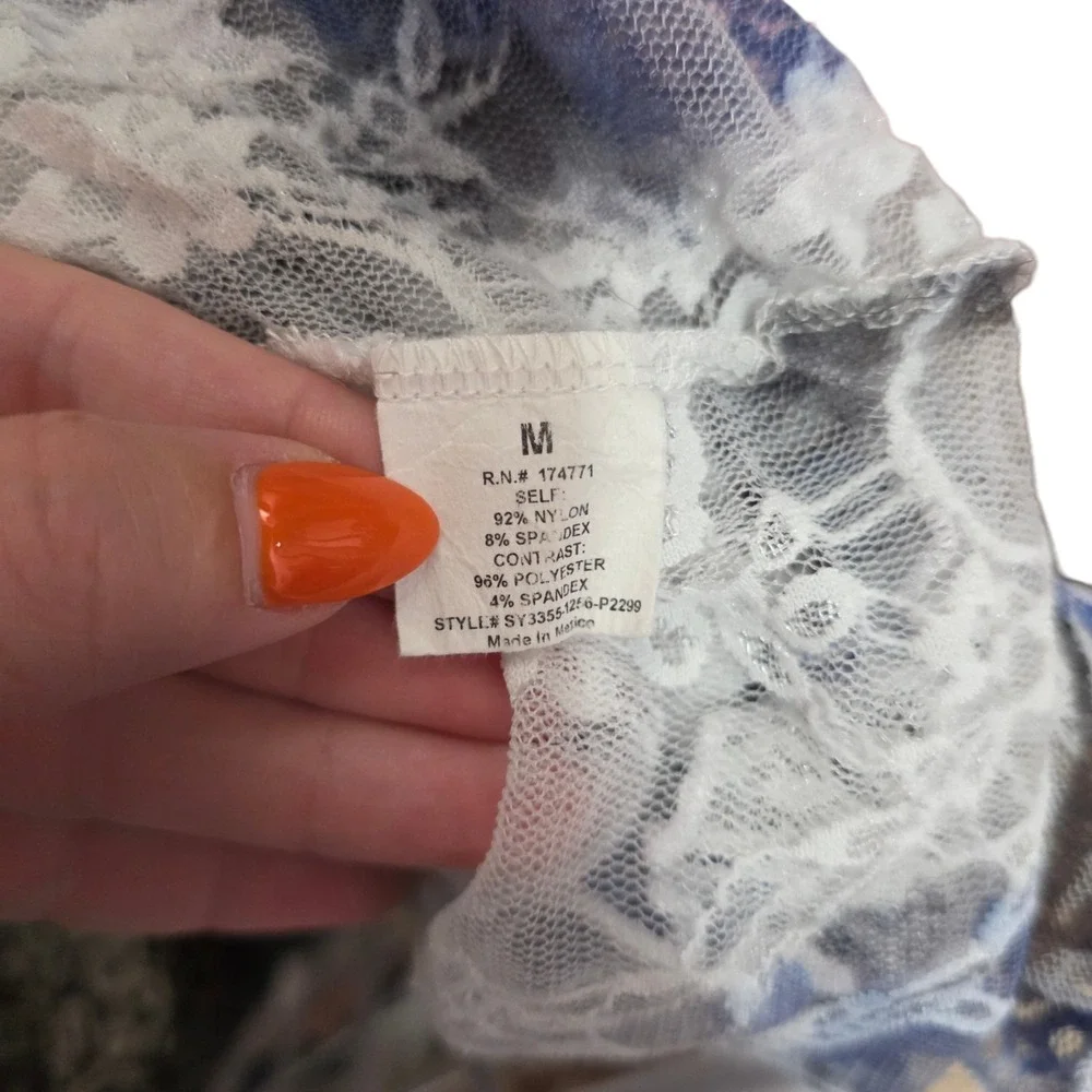 Floral Lace Mesh Peplum Top Blue White Sheer Cap Sleeve Y2K Coquette M Medium